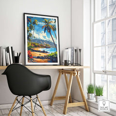 Lahaina Print Hawaii vibrant wall art in a modern workspace with tropical scenery and palm trees.