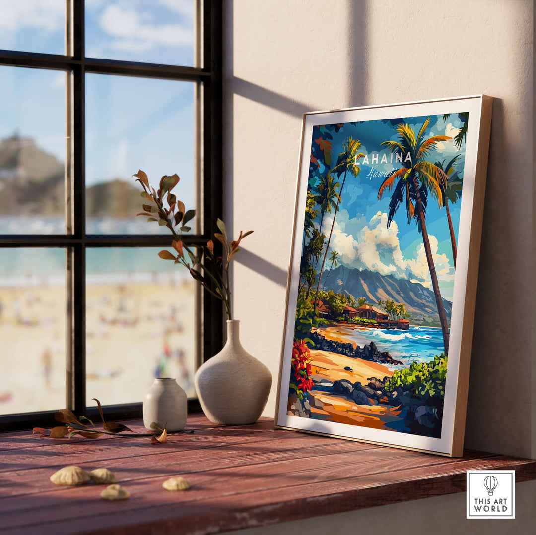 Lahaina Print Hawaii displayed in a sunlit room with beach view, featuring vibrant colors and palm trees.