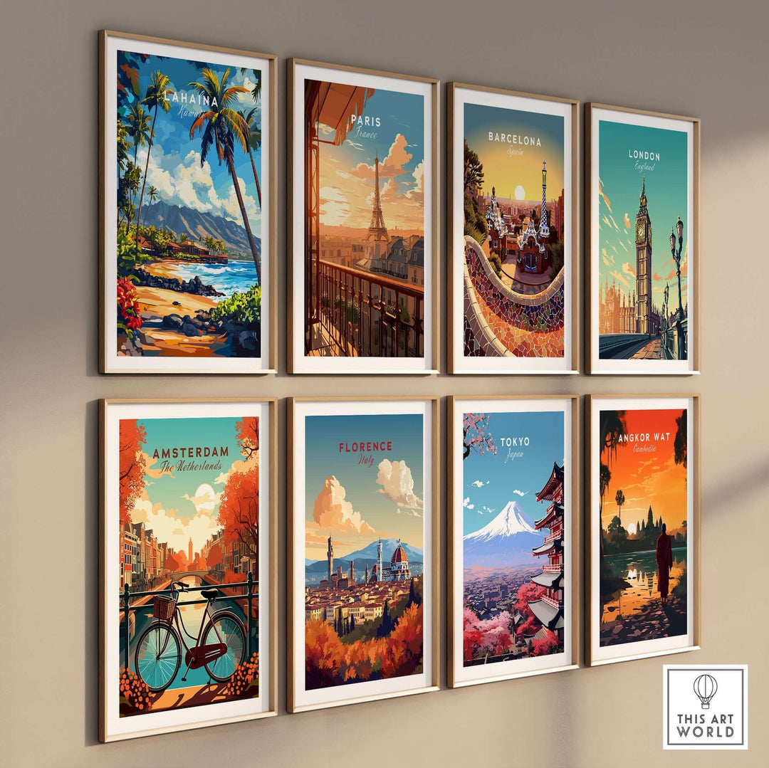 Collage of vibrant travel posters featuring Lahaina, Paris, Barcelona, London, Amsterdam, Florence, Tokyo, and Angkor Wat.