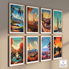 Lahaina Print Hawaii artwork displayed on a wall with other city prints, showcasing vibrant island scenery.