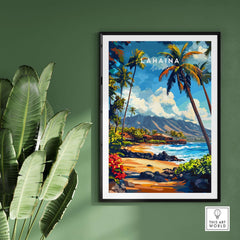 Lahaina Print Hawaii showcasing vibrant tropical scenery with palm trees and a beautiful beach setting.
