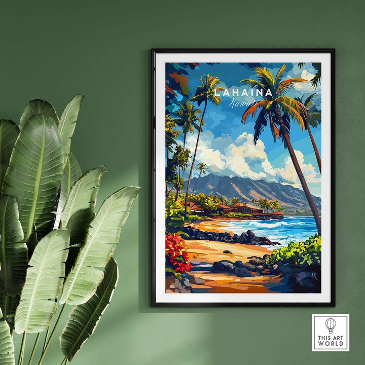 Lahaina print featuring vibrant Hawaii scenery with palm trees and ocean views, perfect for tropical home decor.