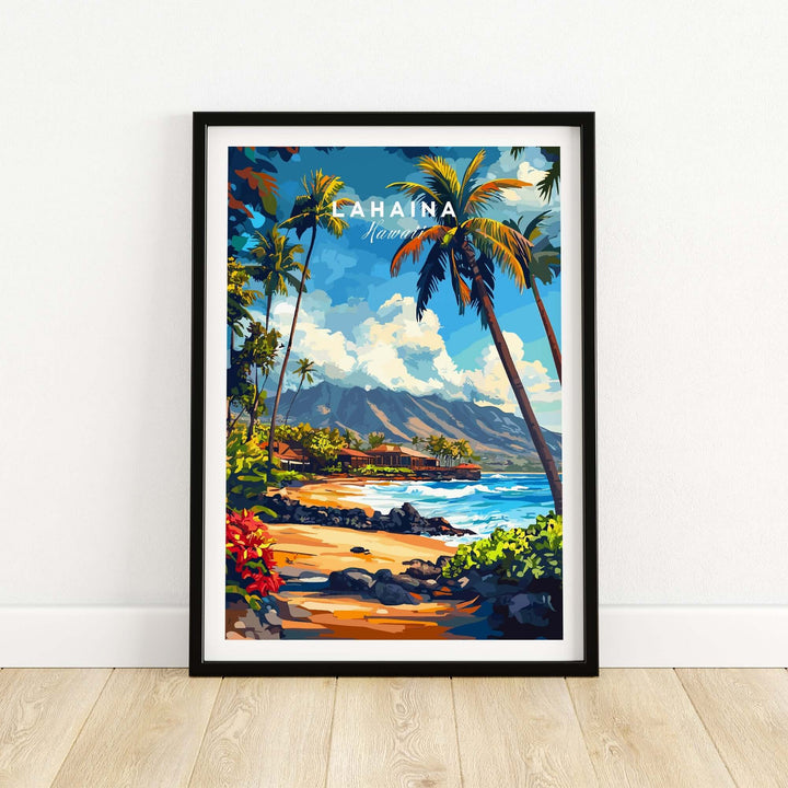 Lahaina Print artwork showcasing a tropical beach scene with palm trees and mountains in vibrant colors.