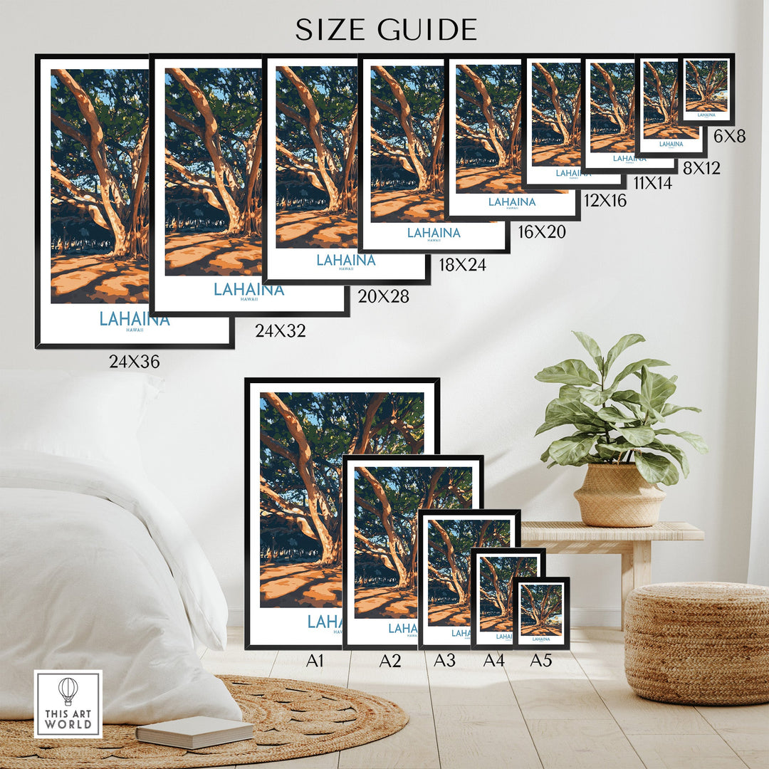 Lahaina travel poster size guide showcasing various frame sizes for home decor and wall art options.