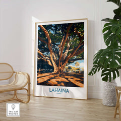 Lahaina Travel Poster featuring a majestic banyan tree in a bright and vibrant setting.
