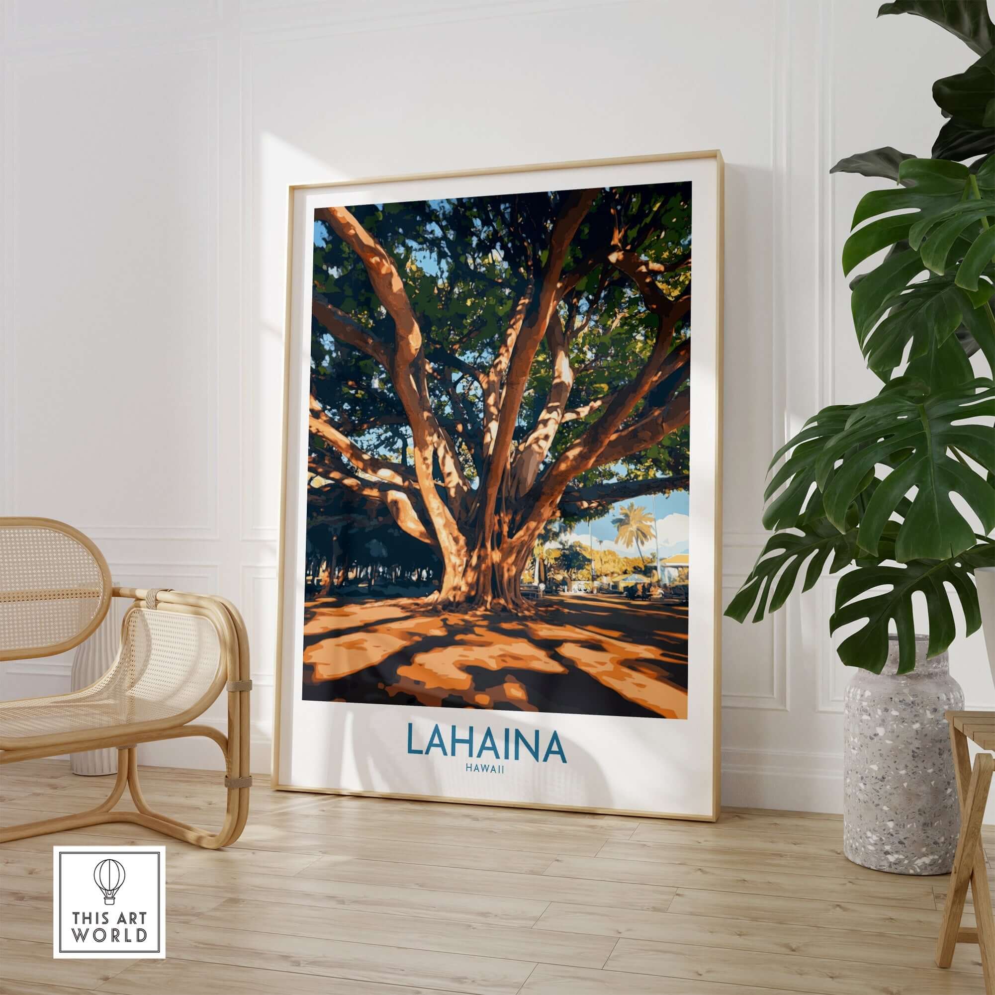 Lahaina Travel Poster featuring a majestic banyan tree in a bright and vibrant setting.