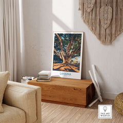 Lahaina Travel Poster displayed in a cozy living room, featuring a banyan tree with vibrant colors.