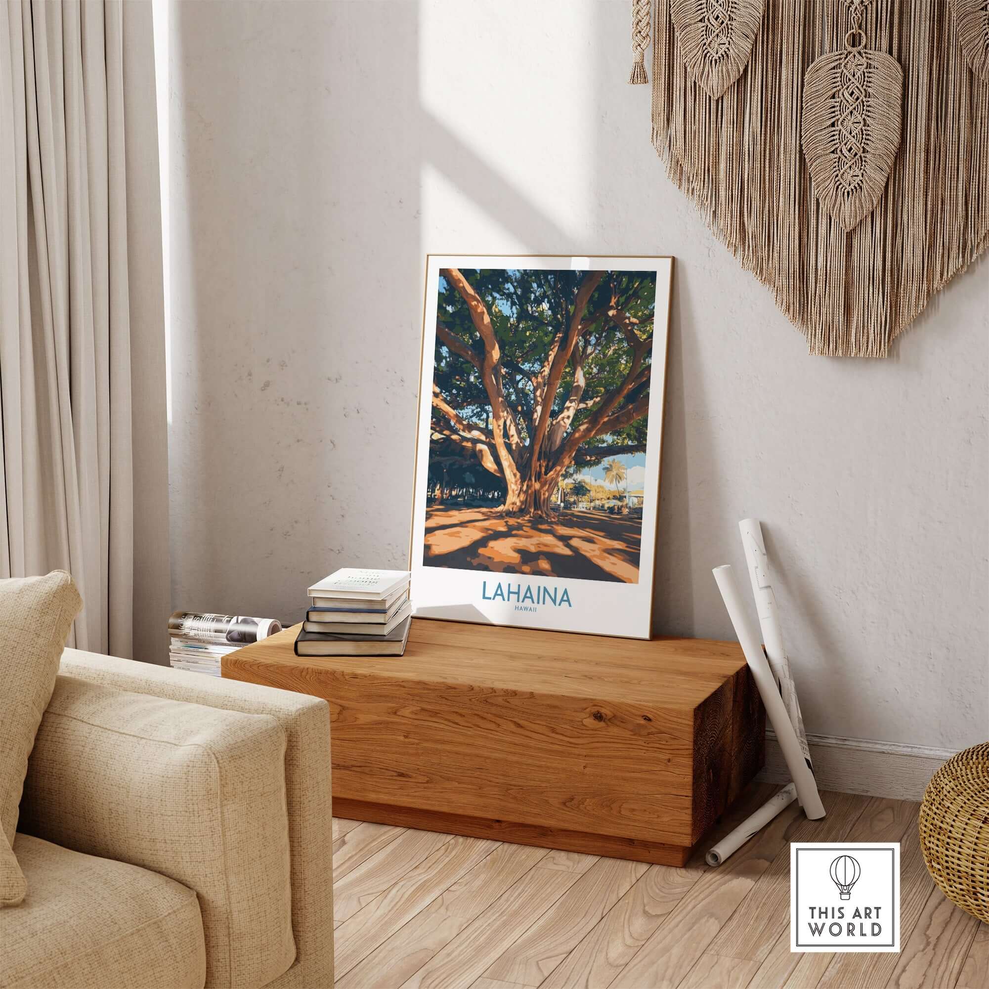 Lahaina Travel Poster displayed in a cozy living room, featuring a banyan tree with vibrant colors.