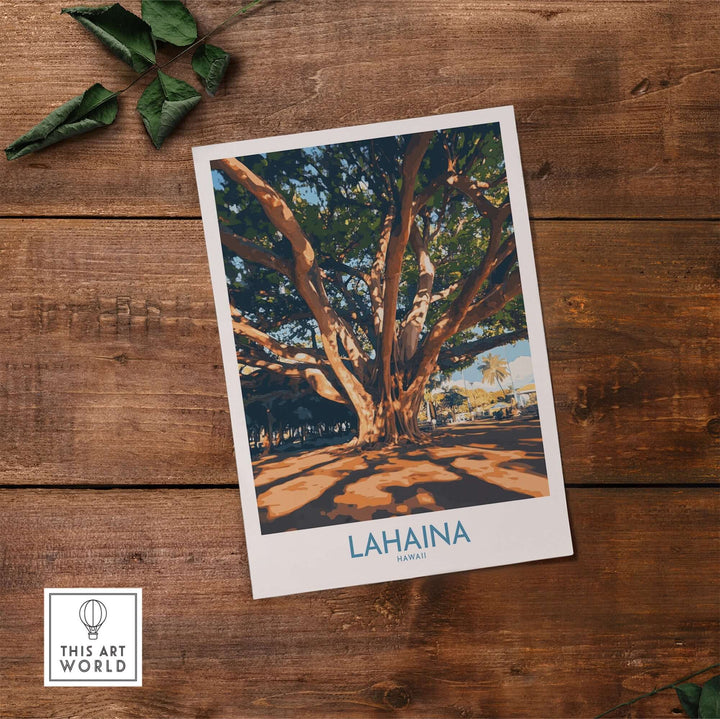 Lahaina travel poster featuring a majestic tree in Hawaii, showcasing vibrant colors and scenic beauty.