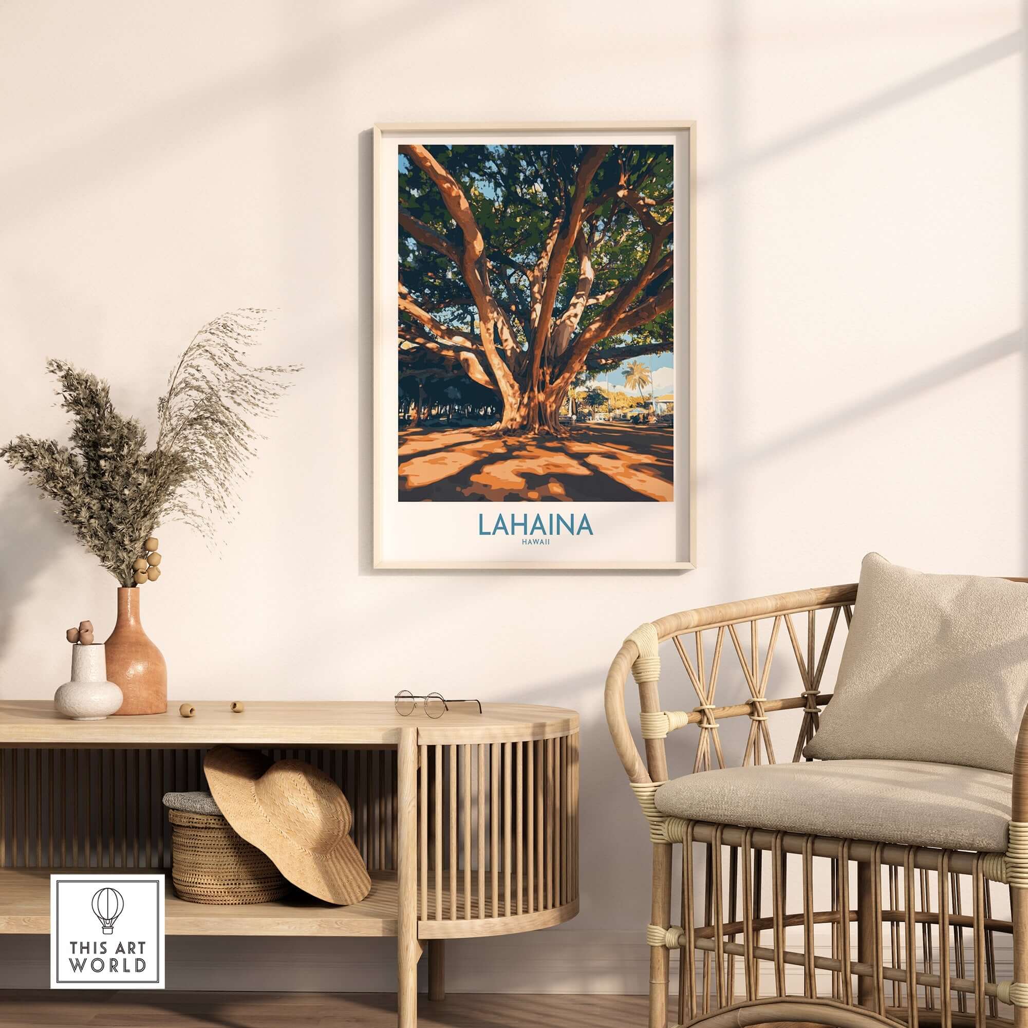 Lahaina Travel Poster featuring a large banyan tree in a stylish interior setting.