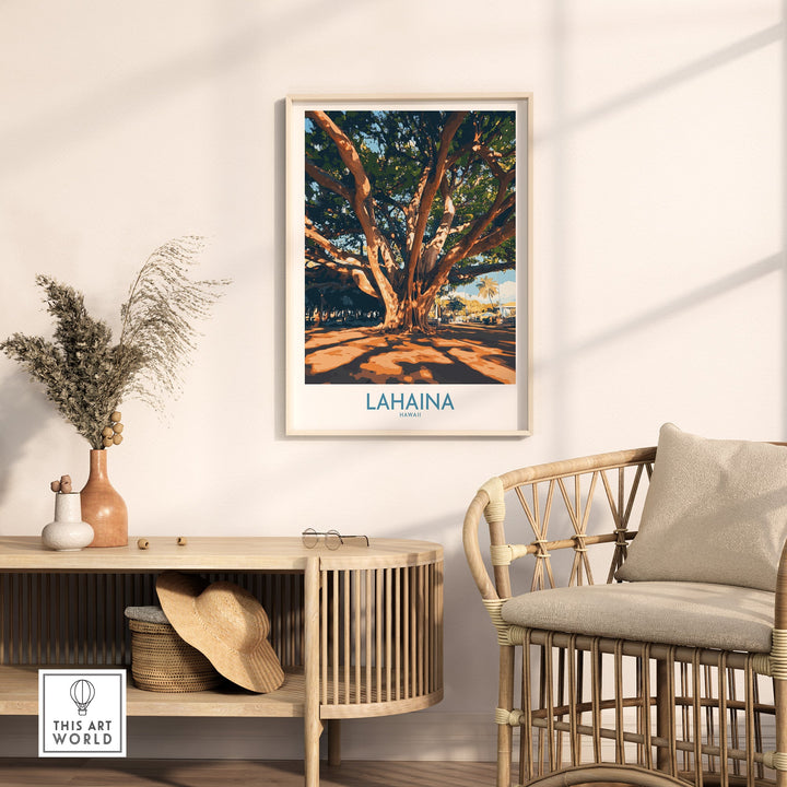 Lahaina travel poster featuring a large tree, framed and displayed in a stylish interior setting.