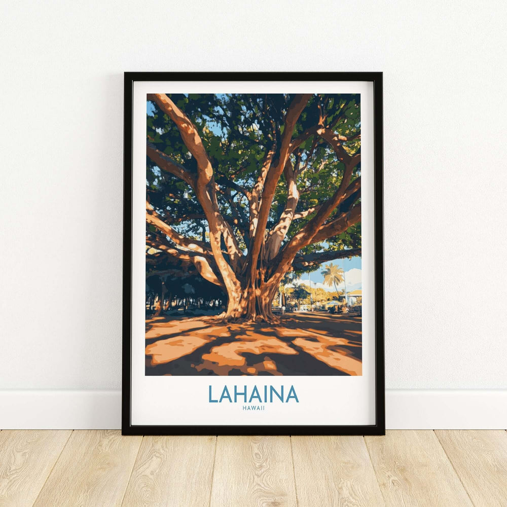 Lahaina travel poster featuring a large tree with sunlight and shadows, showcasing Hawaii’s natural beauty.