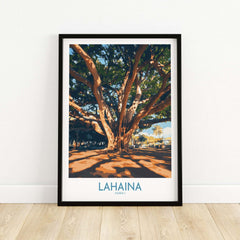 Lahaina Travel Poster featuring a large banyan tree in Lahaina, Hawaii, showcasing vibrant colors and tropical beauty.