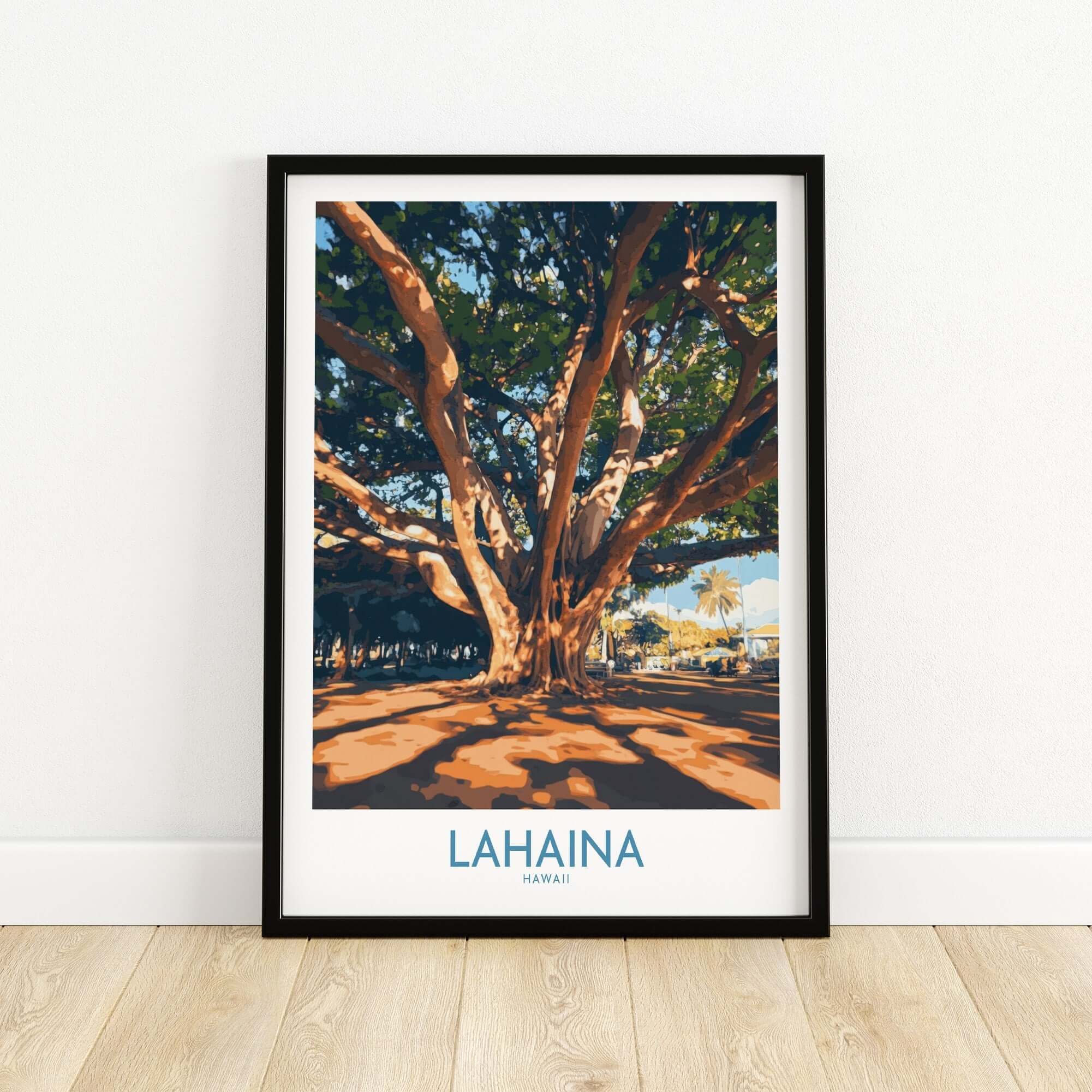 Lahaina Travel Poster featuring a large banyan tree in Lahaina, Hawaii, showcasing vibrant colors and tropical beauty.