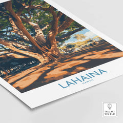 Lahaina Travel Poster featuring a large banyan tree in Lahaina, Hawaii, capturing its vibrant colors and culture.