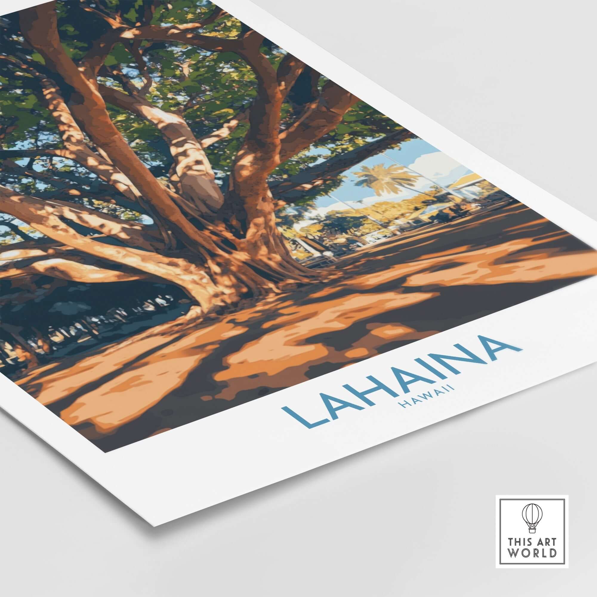 Lahaina Travel Poster featuring a large banyan tree in Lahaina, Hawaii, capturing its vibrant colors and culture.