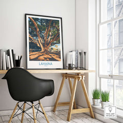Lahaina Travel Poster featuring a banyan tree, ideal for home decor and travel inspiration.