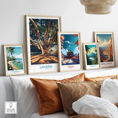 Lahaina Travel Poster displayed among other travel posters on a stylish living room wall.