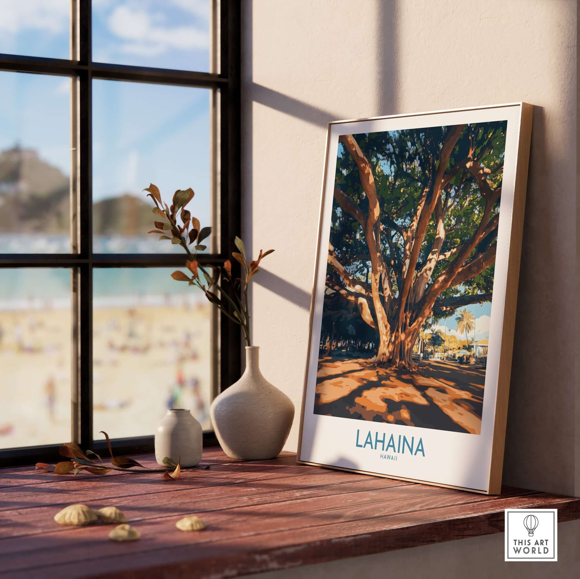 Lahaina Travel Poster featuring a banyan tree displayed on a windowsill with a beach view in the background.