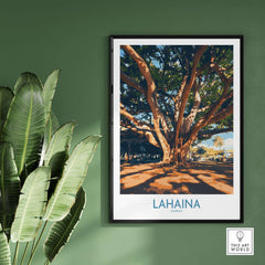 Lahaina Travel Poster featuring a majestic banyan tree and vibrant colors of Lahaina, Hawaii.