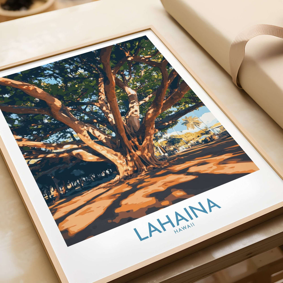 Lahaina travel poster featuring a vibrant tree scene, showcasing the beauty of Hawaii with artistic flair.