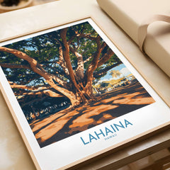 Lahaina Travel Poster featuring a picturesque banyan tree in Hawaii, showcasing vibrant colors and tropical beauty.