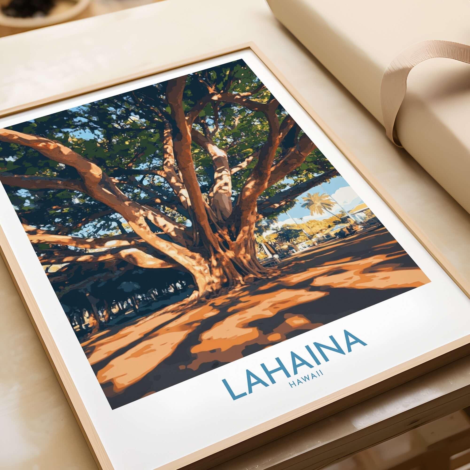 Lahaina Travel Poster featuring a picturesque banyan tree in Hawaii, showcasing vibrant colors and tropical beauty.