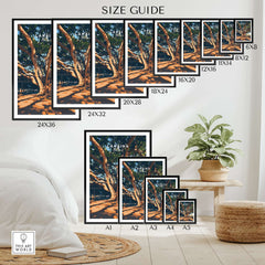Size guide for Lahaina Travel Print showing various frame sizes and dimensions for the banyan tree artwork.