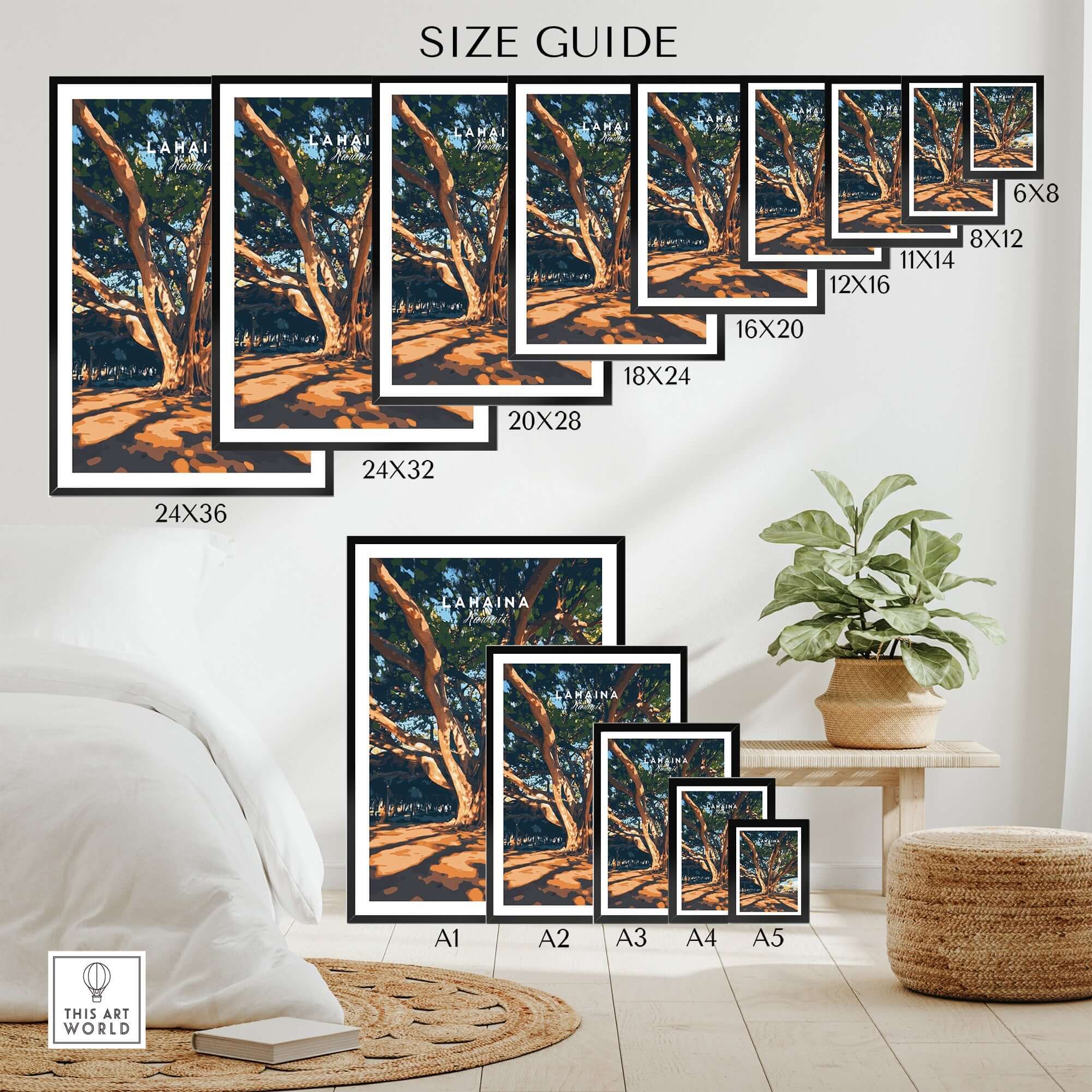 Size guide for Lahaina Travel Print showing various frame sizes and dimensions for the banyan tree artwork.