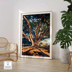 Lahaina Travel Print featuring a majestic banyan tree, perfect for art enthusiasts.