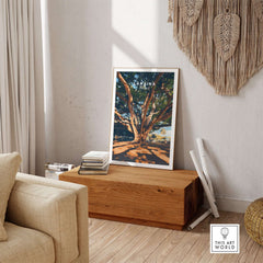 Lahaina Travel Print showcasing a majestic banyan tree in vibrant colors, perfect for art enthusiasts.