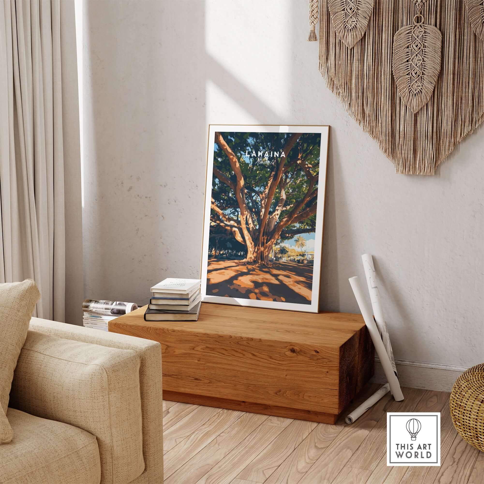 Lahaina Travel Print showcasing a majestic banyan tree in vibrant colors, perfect for art enthusiasts.