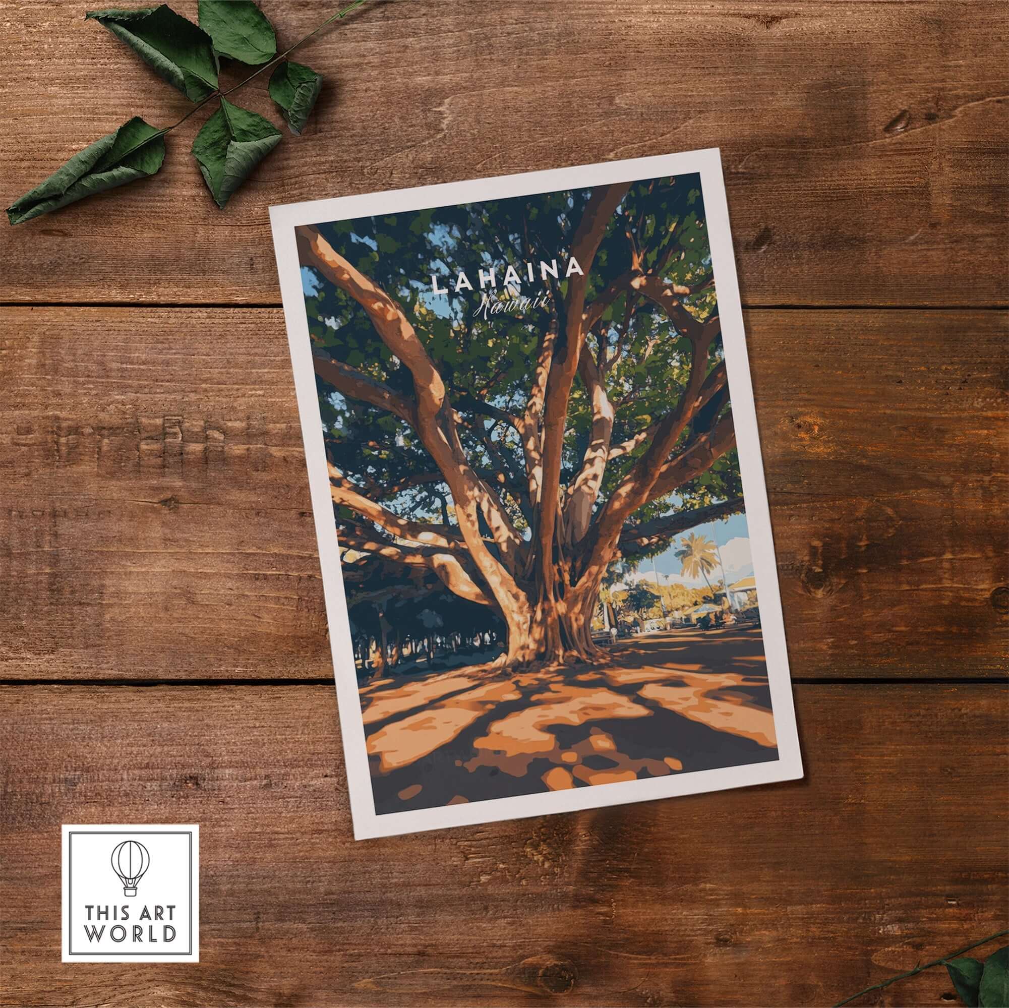 Lahaina Travel Print featuring a majestic banyan tree against a rustic background.
