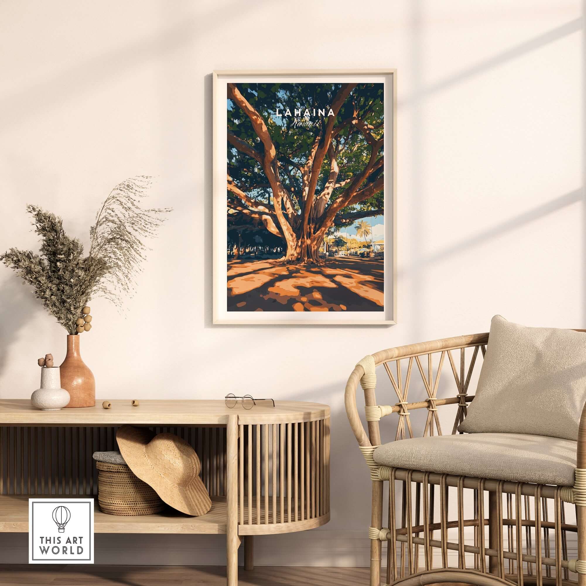 Lahaina Travel Print featuring a majestic banyan tree in a stylish interior setting.