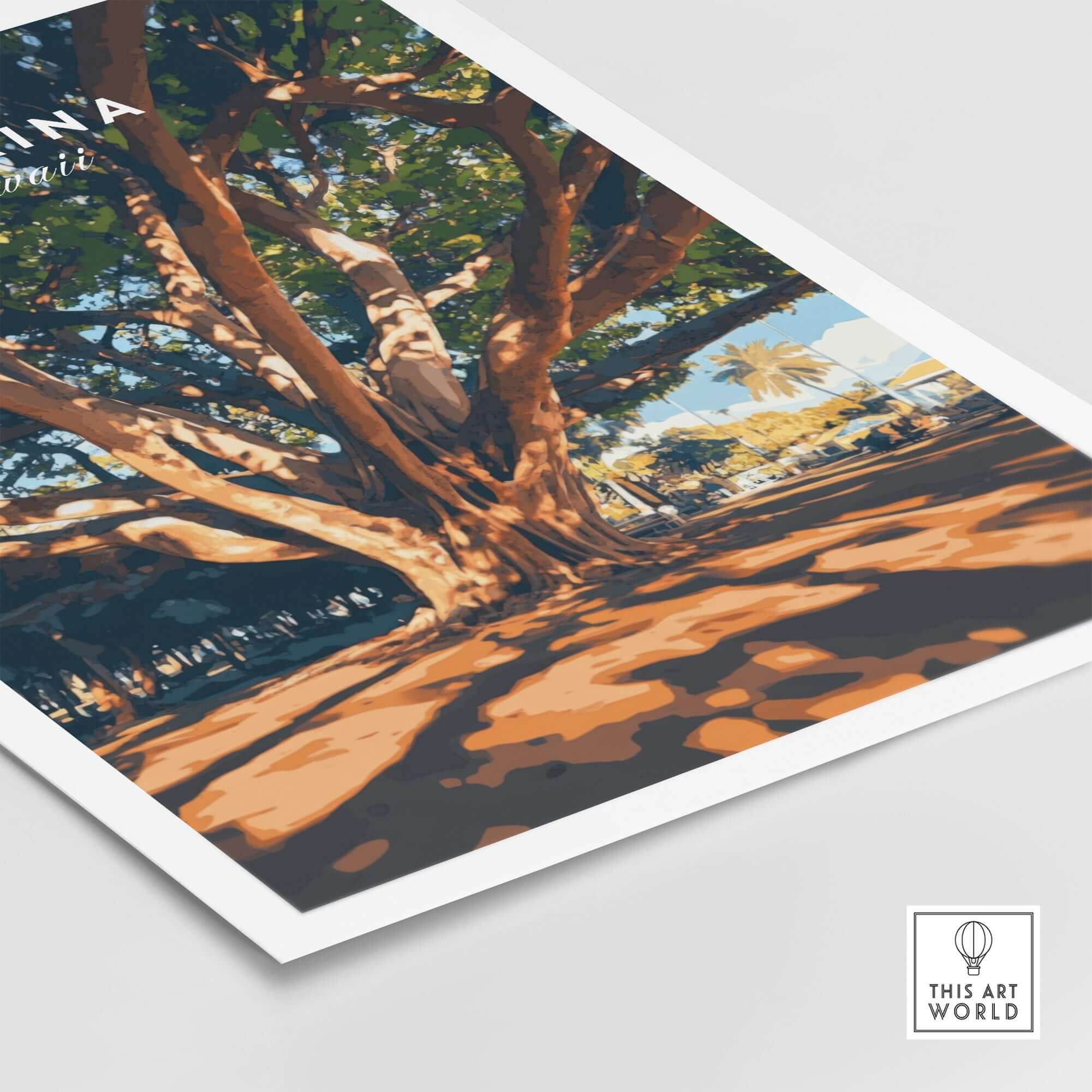 Lahaina Travel Print featuring a majestic banyan tree in vibrant colors and exquisite detail.