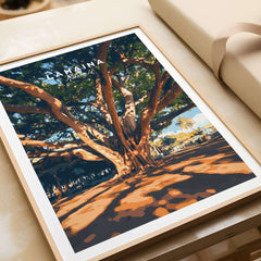 Lahaina Travel Print showcasing a majestic banyan tree, vibrant colors and exquisite detail, perfect for art enthusiasts.