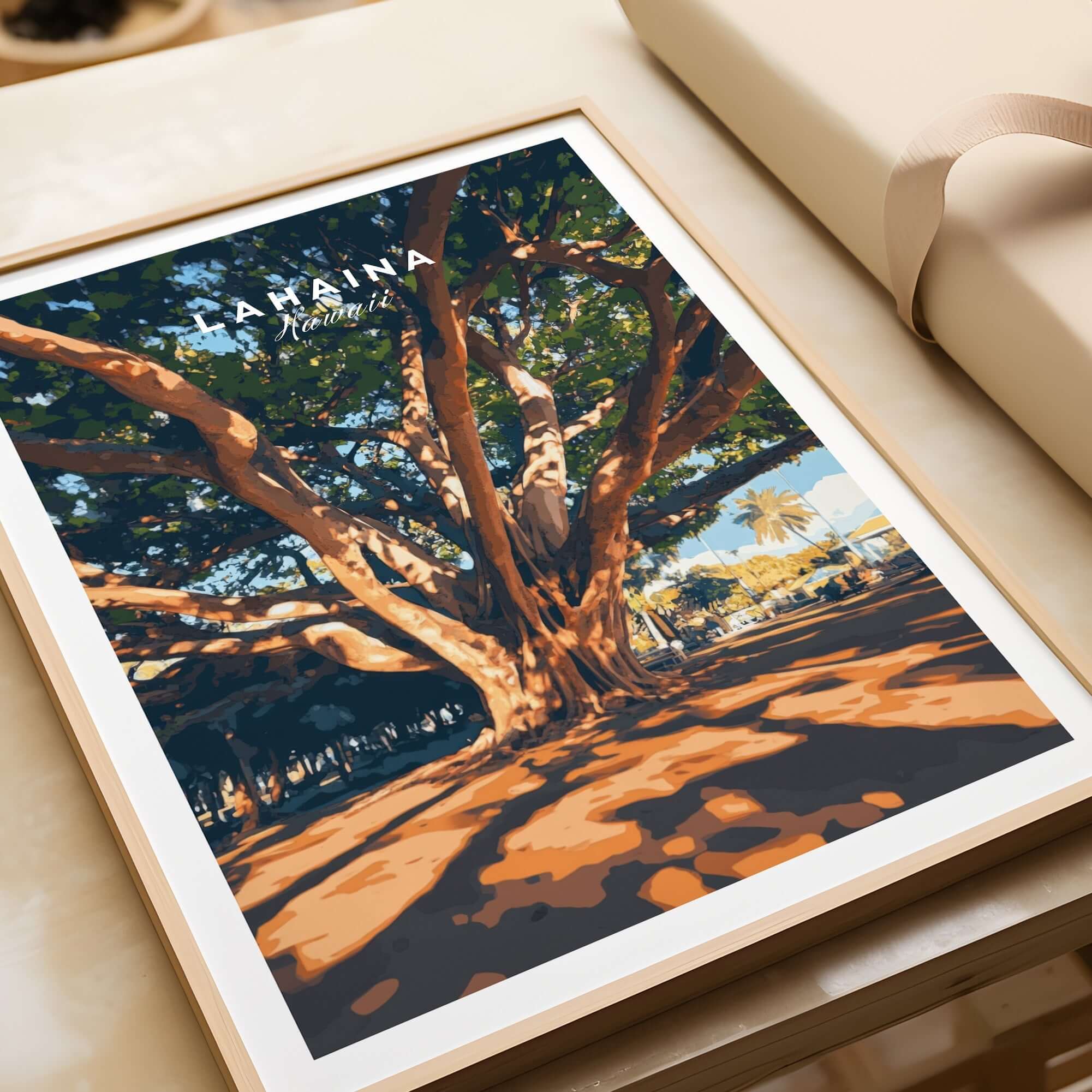 Lahaina Travel Print showcasing a majestic banyan tree, vibrant colors and exquisite detail, perfect for art enthusiasts.
