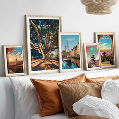 Lahaina Travel Print displayed among travel-themed art prints in a stylish interior setting.
