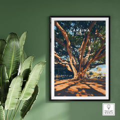 Lahaina Travel Print featuring a majestic banyan tree with vibrant colors and exquisite detail for art enthusiasts.