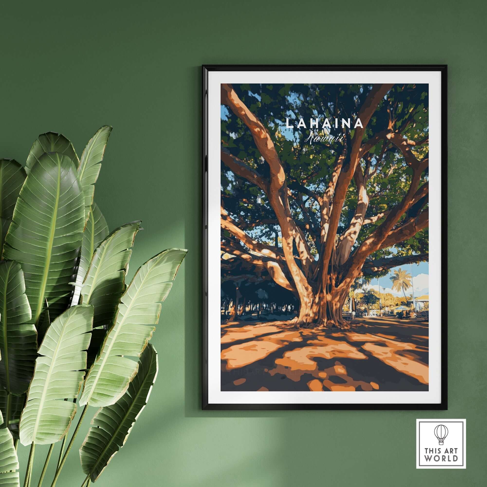 Lahaina Travel Print featuring a majestic banyan tree with vibrant colors and exquisite detail for art enthusiasts.