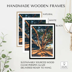 Lahaina Travel Print displayed in handmade wooden frames: natural, white, and black options.