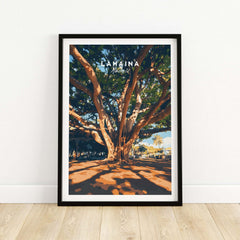 Lahaina Travel Print featuring a majestic banyan tree with vibrant colors and exquisite detail.
