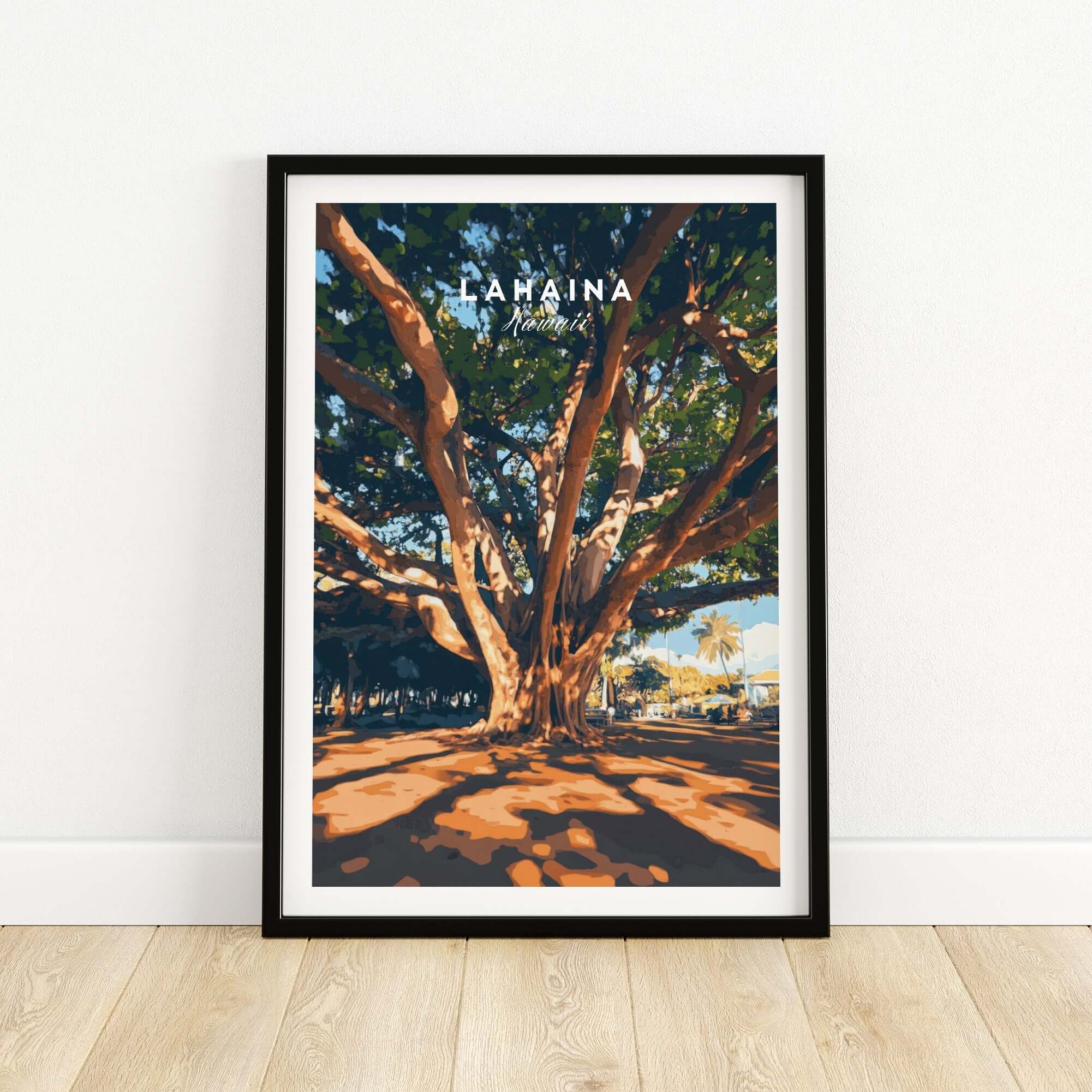 Lahaina Travel Print featuring a majestic banyan tree with vibrant colors and exquisite detail.