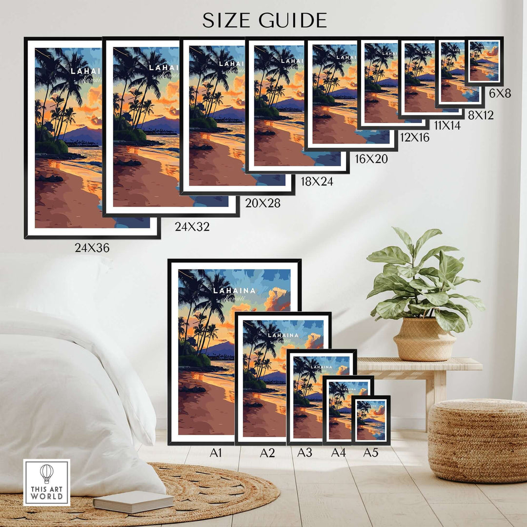 Size guide for Lahaina Wall Art featuring various frame sizes and tropical scenery with palm trees and sunset.