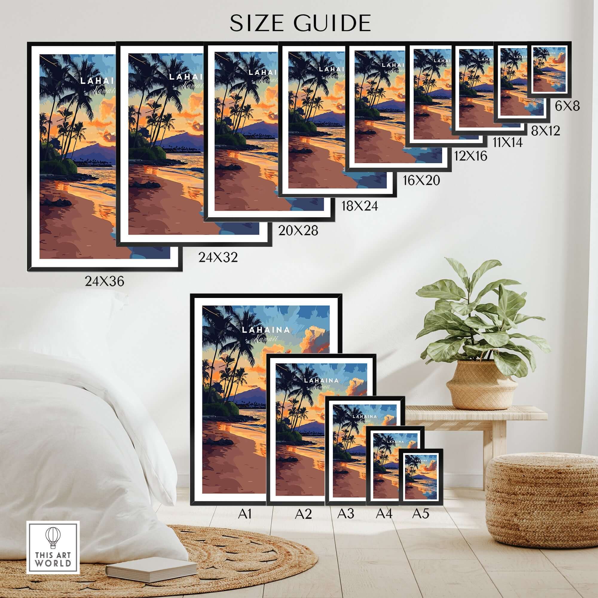 Lahaina Wall Art Hawaii size guide showcasing various framed sizes and designs for home decor.