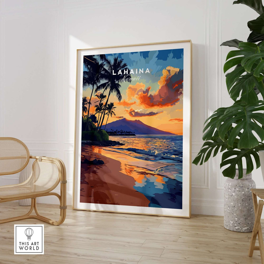 Lahaina wall art featuring a vibrant sunset over the ocean, palm trees, and tropical landscape in a stylish interior setting.