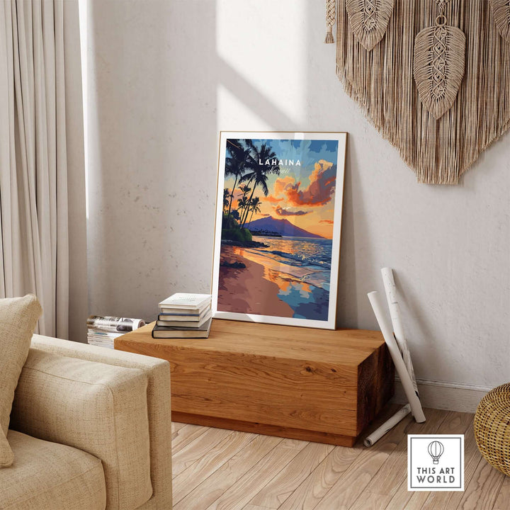 Lahaina wall art featuring a vibrant sunset and palm trees, adding a tropical touch to modern home decor.