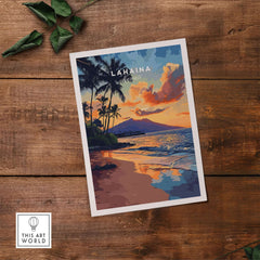 Lahaina Wall Art Hawaii showcasing a vibrant sunset and tropical landscape of Lahaina on wood background.