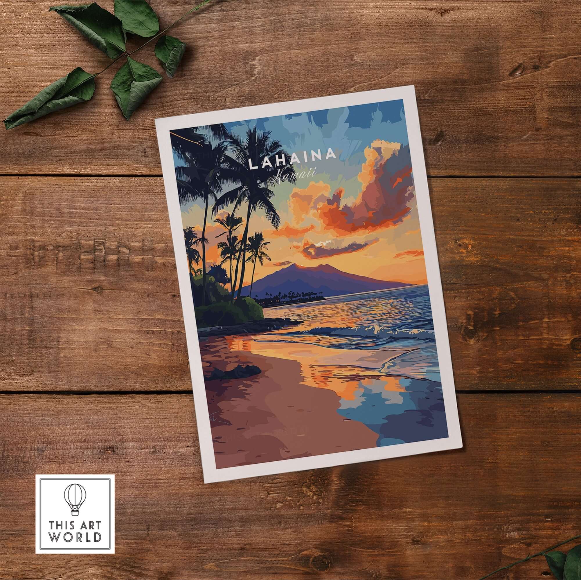 Lahaina Wall Art Hawaii showcasing a vibrant sunset and tropical landscape of Lahaina on wood background.