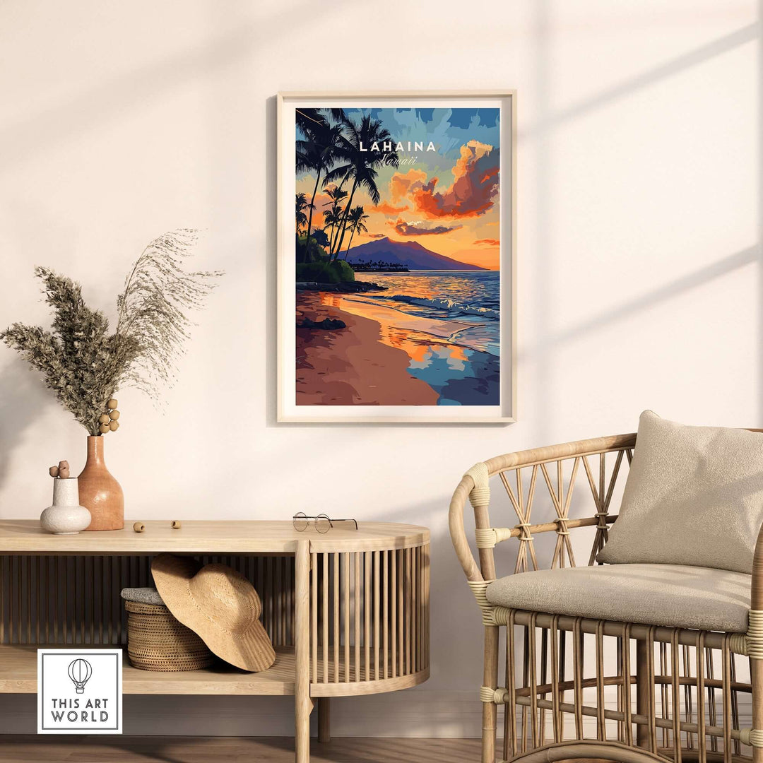 Lahaina wall art featuring a vibrant Hawaiian sunset, palm trees, and tranquil beach scene in stylish home decor.